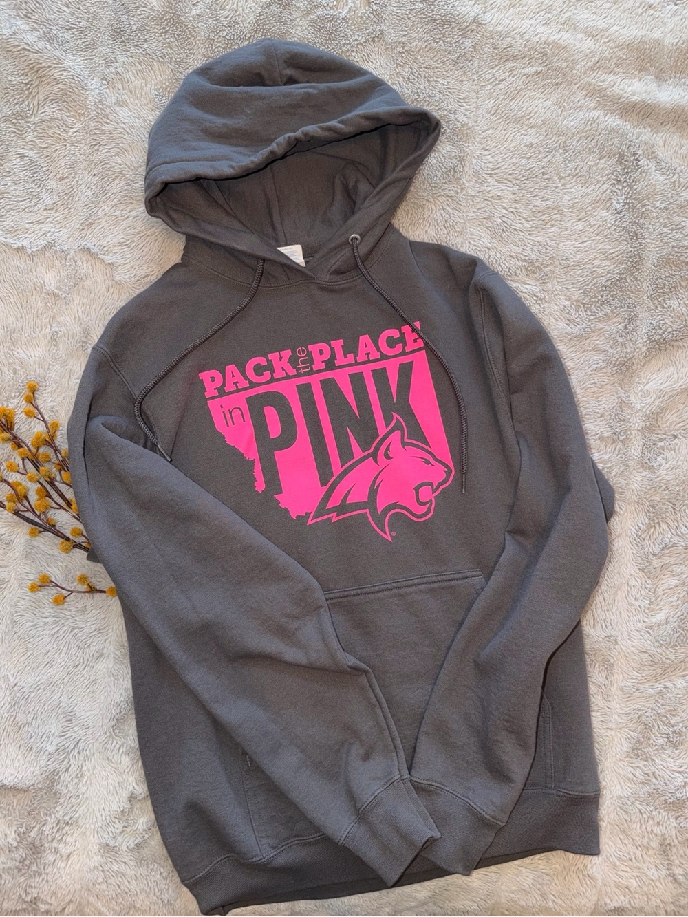MSU Bobcat Gray Hoodie with Pink 'Pack the Place in Pink' Graphic